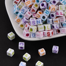 Acrylic Horizontal Hole Letter Beads, Craft Style, Cube, Mixed Color, 6x6x6mm, hole: 3mm