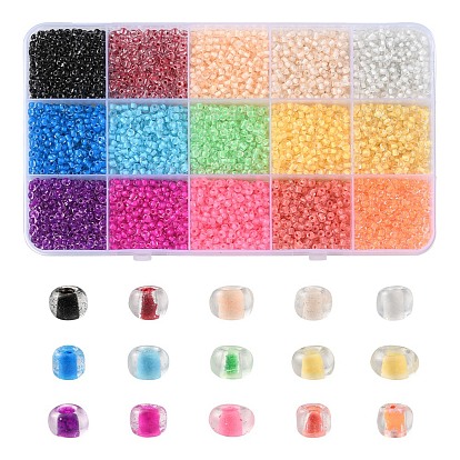 195G 15 Colors 8/0 Transparent Glass Seed Beads, Inside Colours, Round Hole, Round