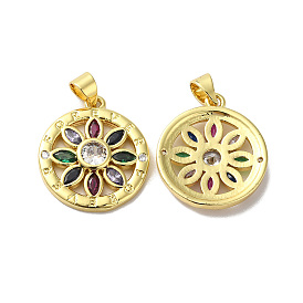 Rack Plating Brass Pave Cubic Zirconia Pendants, Lead Free & Cadmium Free, Real 18K Gold Plated, Long-Lasting Plated, Flat Round with Flower Pattern Charm