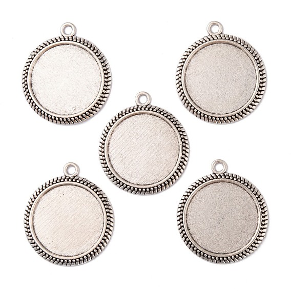 Tibetan Style Alloy Flat Round Pendant Cabochon Settings, Cadmium Free & Lead Free, Tray: 25mm, 37x32x3mm, Hole: 2.5mm about 142pcs/1000g