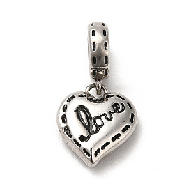 304 Stainless Steel European Dangle Charms, Large Hole Pendants, Heart with Word Love