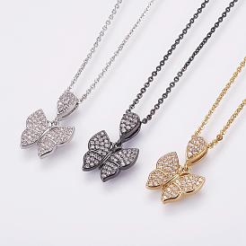 Brass Micro Pave Cubic Zirconia Pendant Necklaces, with Brass Cable Chains, Butterfly