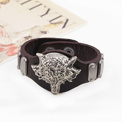 Punk Rock Wolf Alloy Cowhide Cord Studded Bracelets, 230x43mm