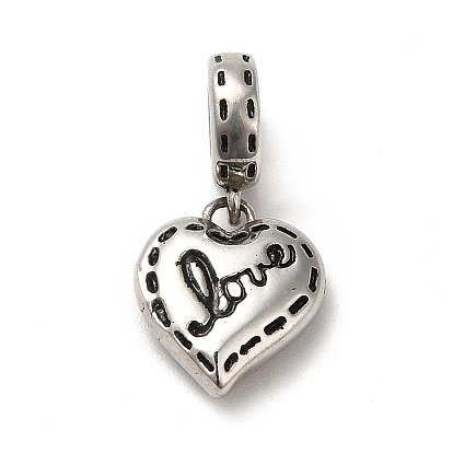 304 Stainless Steel European Dangle Charms, Large Hole Pendants, Heart with Word Love