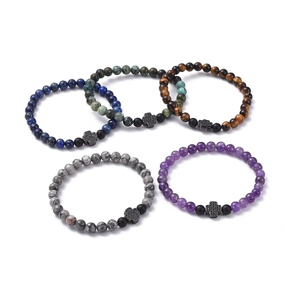 Natural Gemstone Beaded Stretch Bracelets, with Natural Black Agate(Dyed) Beads and Brass Micro Pave Cubic Zirconia Pendants, Cross