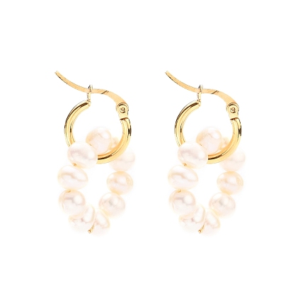 304 Stainless Steel Hoop Earrings, with Natural Cultured Freshwater Pearl Woven Linking Rings, Golden