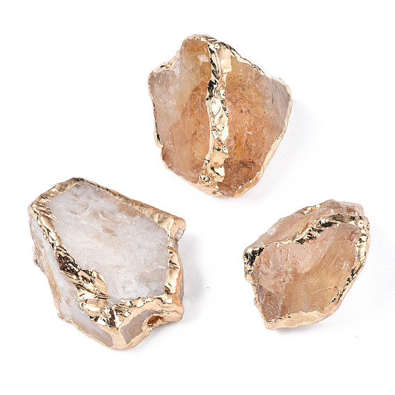 Perles de citrine brutes naturelles plaquées bord, avec les accessoires en laiton d'or lumière, nuggets