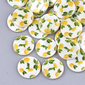 Printed Freshwater Shell Beads, Flat Round with Food Pattern