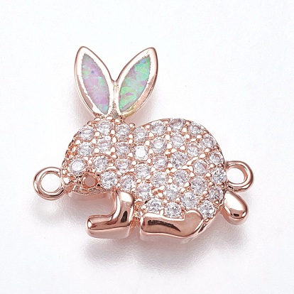 Brass Micro Pave Cubic Zirconia Bunny Links Connectors, with Synthetic Opal, Rabbit Findings,