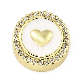Rack Plating Brass Micro Pave Cubic Zirconia Bead, with Enamel, Long-Lasting Plated, Lead Free & Cadmium Free, Flat Round with Heart