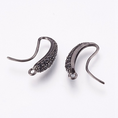 Brass Earring Hooks with Cubic Zirconia, Lead Free & Cadmium Free & Nickel Free, Long-Lasting Plated, Black