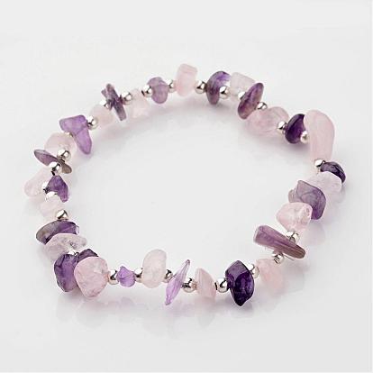 Gemstone Stretch Bracelets, with Iron Findings, Silver Color Plated 55mm