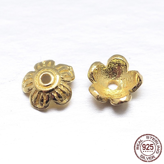 Real 18K Gold Plated 5-Petal 925 Sterling Silver Bead Caps, Flower, 6x2mm, Hole: 1mm, about 90pcs/20g