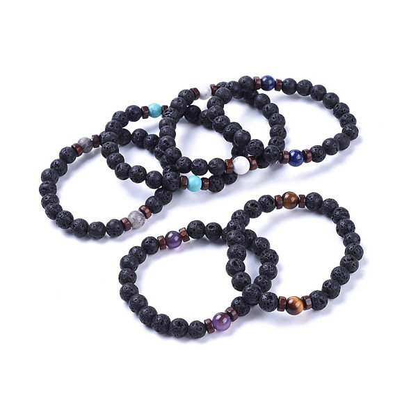 Bracelets extensibles à perles de lave naturelle, avec des perles de pierres précieuses et des perles de bois