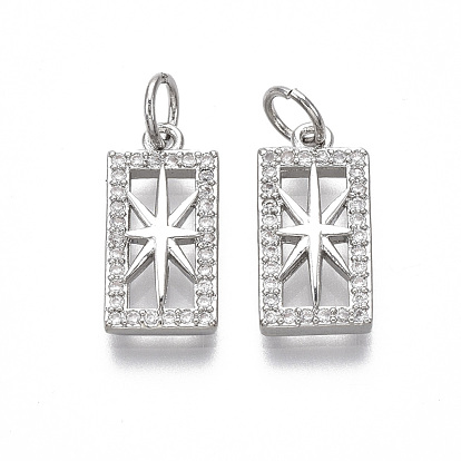 Brass Micro Pave Clear Cubic Zirconia Pendants, with Jump Ring, Nickel Free, Rectangle with Star