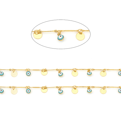 Brass Bar Link Chains, with Enamel, Long-Lasting Plated, Soldered, with Spool, Eye & Flat Round, Real 18K Gold Plated