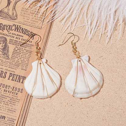 Copper Wire Wrapped Natural Scallop Shell Dangle Earring for Women, with Brass Earring Hook