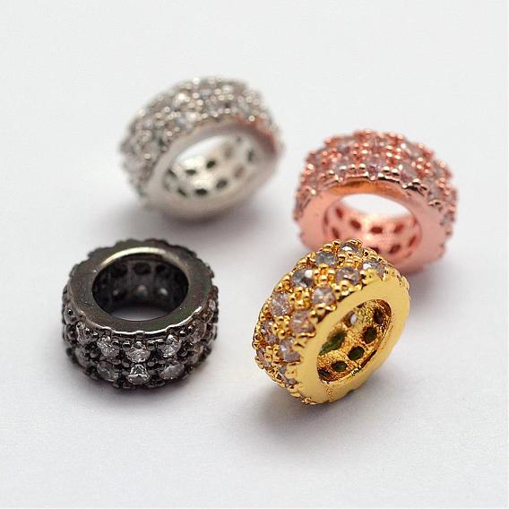 Brass Micro Pave Cubic Zirconia European Beads, Rondelle, Large Hole Beads, Lead Free & Nickel Free
