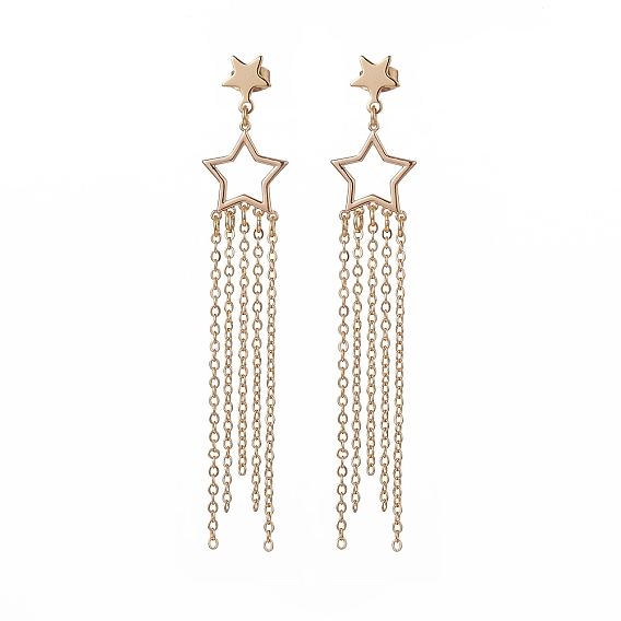 Brass Star with Tassel Dangle Chandelier Earrings, 304 Stainless Steel Long Drop Earrings for Women