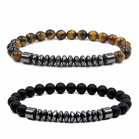 6mm Matte Black Tiger Eye Stone Bead Bracelet Set with Natural Stones and Magnetic Clasp