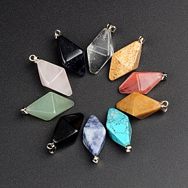 Natural & Synthetic Gemstone Pendants, with Platinum Tone Brass Findings, Rhombus
