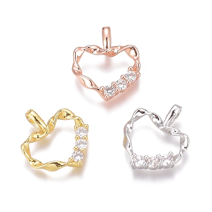 Brass Micro Pave Clear Cubic Zirconia Charms, Long-Lasting Plated, Twist Heart