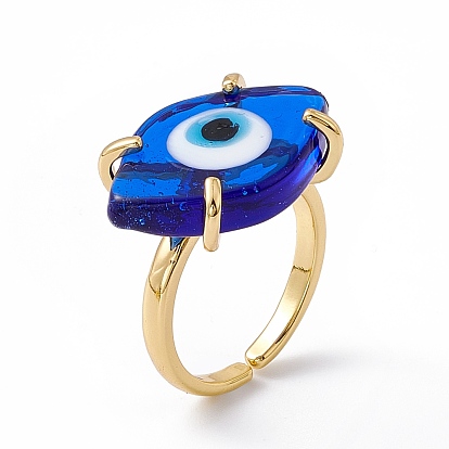 Lampwork Oval with Evil Eye Open Cuff Ring, Real 18K Gold Plated Brass Lucky Jewelry for Women, Lead Free & Cadmium Free