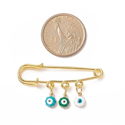 Rack Plating Brass Enamel Evil Eye Charms Safety Pin Brooch, Golden Iron Lapel Pin for Sweater Shawl Clips Waist Pants Extender