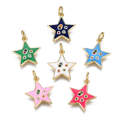 Brass Micro Pave Cubic Zirconia Enamel Charms, with Jump Rings, Nickel Free, Star, Real 16K Gold Plated