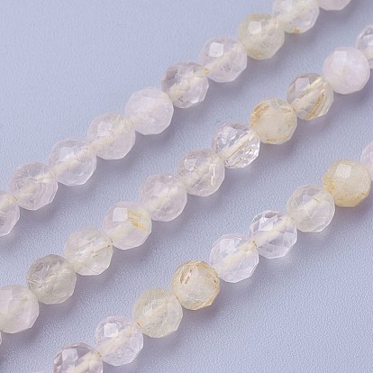 Natural Rutilated Quartz Beads Strands, Faceted, Round