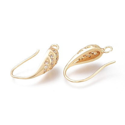 Brass Earring Hooks, Long-Lasting Plated, with Micro Pave Clear Cubic Zirconia and Horizontal Loop