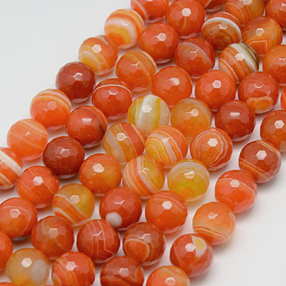 Natural Striped Agate/Banded Agate Beads Strands, Faceted, Dyed, Round