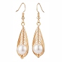 Shell Pearl Braided Teardrop Dangle Earrings, Brass Wire Wrap Jewelry for Women