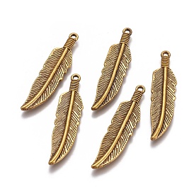 Tibetan Style Alloy Charms, Lead Free & Cadmium Free, Feather, 42x10x2mm, Hole: 2mm