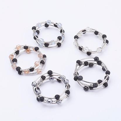 Bracelets d'enroulement de perles de verre d'électrodéposition, 4-loop, avec des perles de pierre de lave naturelle, chapeaux de perle d'alliage de zinc et perles de tube de laiton