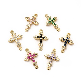 Eco-Friendly Rack Plating Brass Pave Cubic Zirconia Connector Charms, Lead Free & Cadmium Free, Real 18K Gold Plated, Religion Cross Links