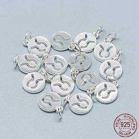 925 Sterling Silver Charms, with Jump Ring, Flat Round with Constellation/Zodiac Sign