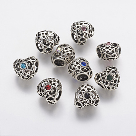 Tibetan Style Alloy Rhinestone European Beads, Large Hole Beads, Hollow Heart, Antique Silver