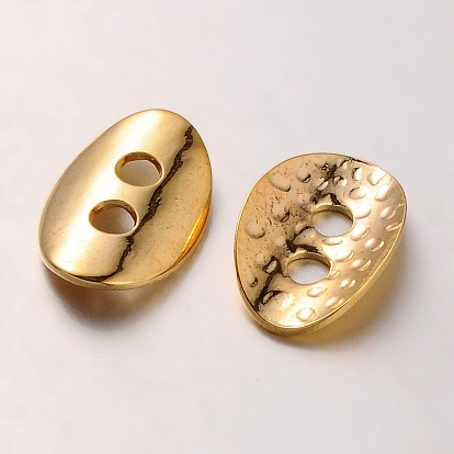 Brass Buttons, 2-Hole, Hammered Oval, 14x10x1mm, Hole: 2mm