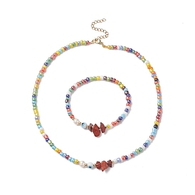 Ensembles de bracelets et colliers en perles de verre de couleur arc-en-ciel, Perle d'eau douce de culture naturelle et jaspe rouge et bijoux en perles de chalumeau mauvais œil faits à la main pour les femmes