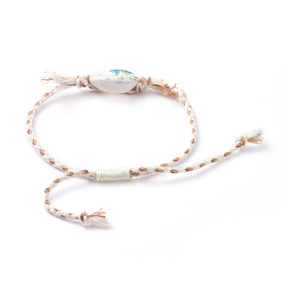 Adjustable Braided Bead Bracelets, with Printed Cowrie Shell Beads and Cotton Cord, Marine Organism Pattern