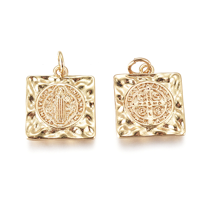 Pendentifs en laiton, avec des anneaux de saut, martelée, pour la religion, Saint-Benoît médaille, carrée