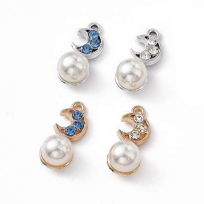 Alloy Rhinestone Pendants, with ABS Imitation Pearl Beads, Moon Charm