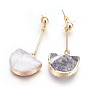 Natural Druzy Quartz Dangle Stud Earrings, with Golden Tone Brass Findings, Half Round