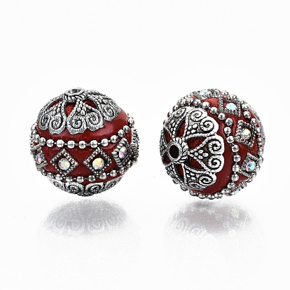 Handmade Indonesia Beads, with Crystal AB Rhinestone and Antique Silver Tone Brass Findings, Round