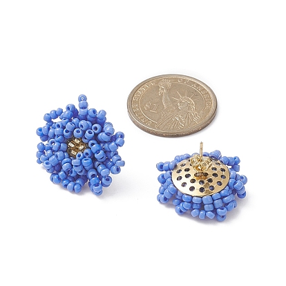 Glass Seed Braided Beaded Flower Stud Earrings, Golden 304 Stainless Steel Jewelry for Women