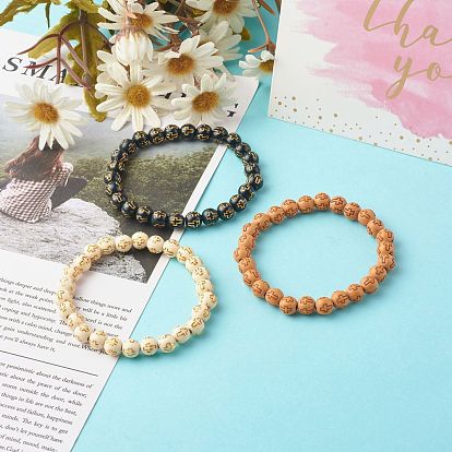 Bracelet extensible en perles acryliques en placage de bois imitation, Rond avec motif croisé