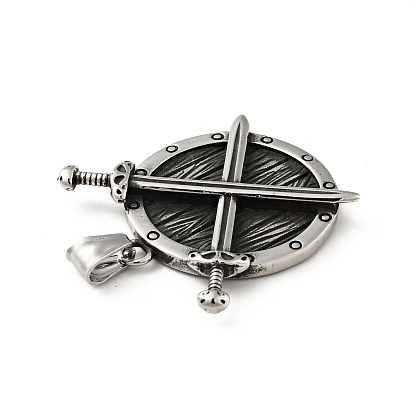 304 Stainless Steel Pendants, Manual Polishing, Flat Round with Sword