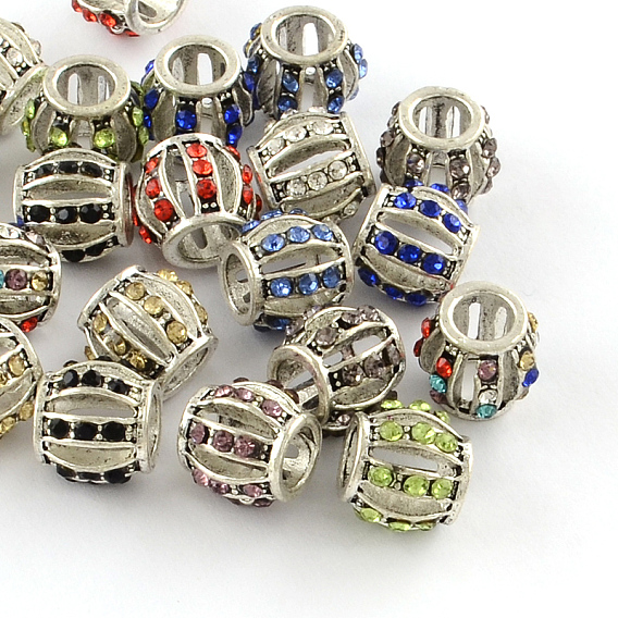 Hollow Rondelle Antique Silver Plated Alloy Rhinestone European Beads, Large Hole Beads, 10~11x9.5mm, Hole: 5mm