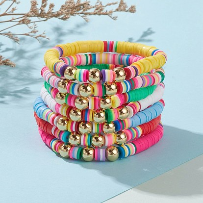 7 conjunto de pulseras elásticas con cuentas de heishi de arcilla polimérica arcoíris, pulseras apilables, con cuentas redondas de latón dorado